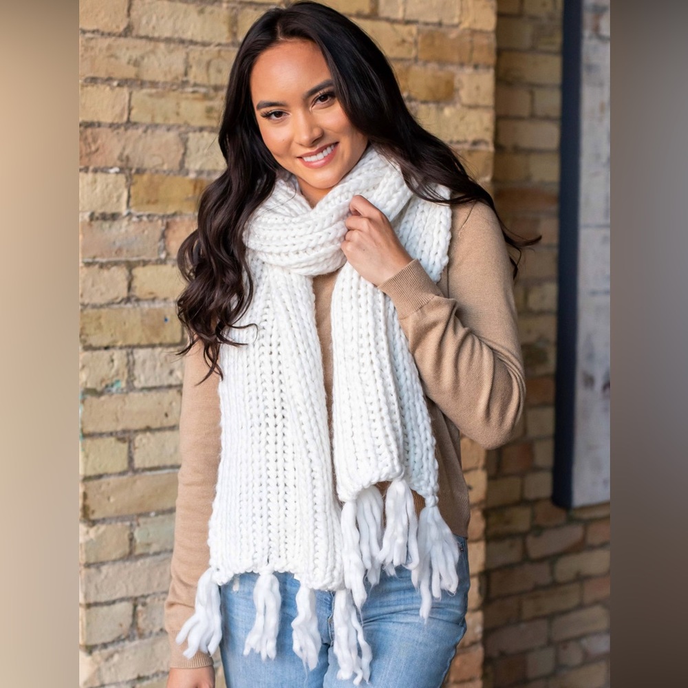 Cream White Long Scarf with Fringe